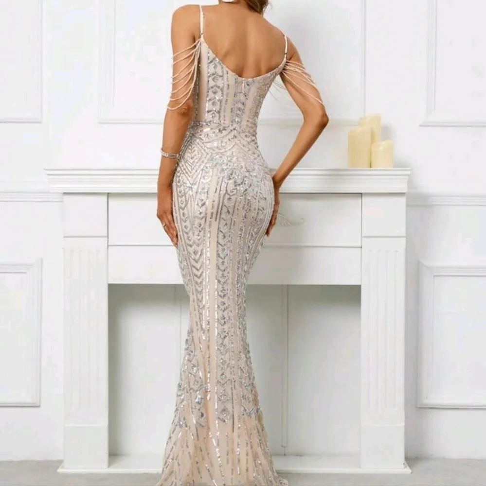 Silver, Backless, Cami,  Fringe Sleeves,  Contrast Sequined Mermaid Gown - Picture 7 of 16